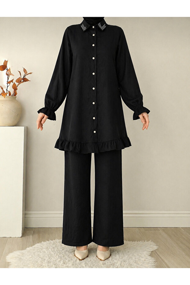 Stone Detailed Buttoned Cotton Double Suit Black