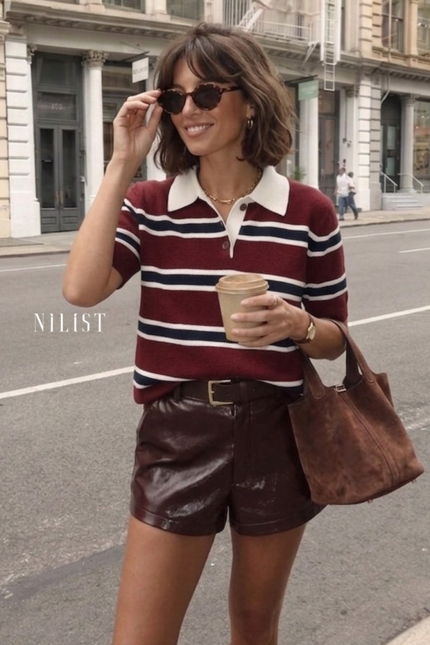 Polo Collar Striped Soft Textured Knitwear - Claret Red