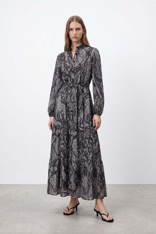 Women's Exotic Patterned Belted Long Dress - 26S-12685Elb - Black