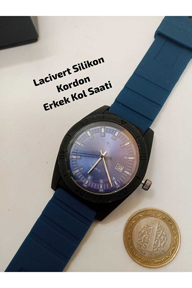 Men's Wristwatch with Silicone Strap --- Dark Blue Color Steel Case with Calendar (Large Case)