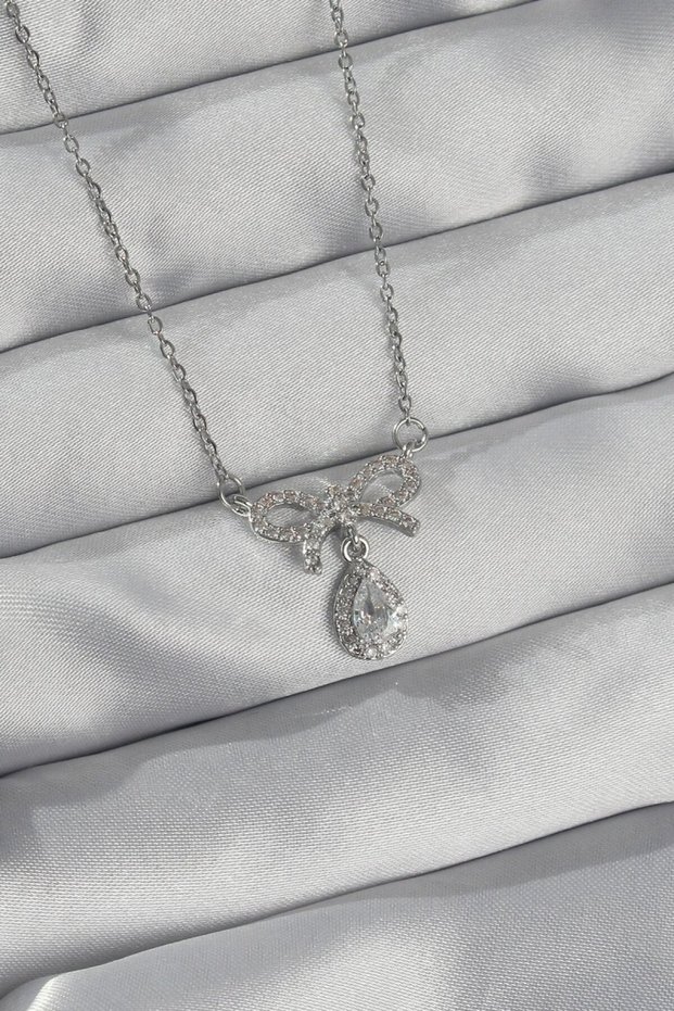 316L Steel Silver Color Zircon Stone Bow Detail Drop Necklace - Tj-Bko8922