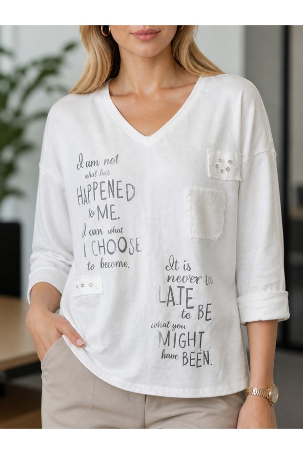 Women's Printed V-Neck Loose T-Shirt Casual Blouse with Stone Detail