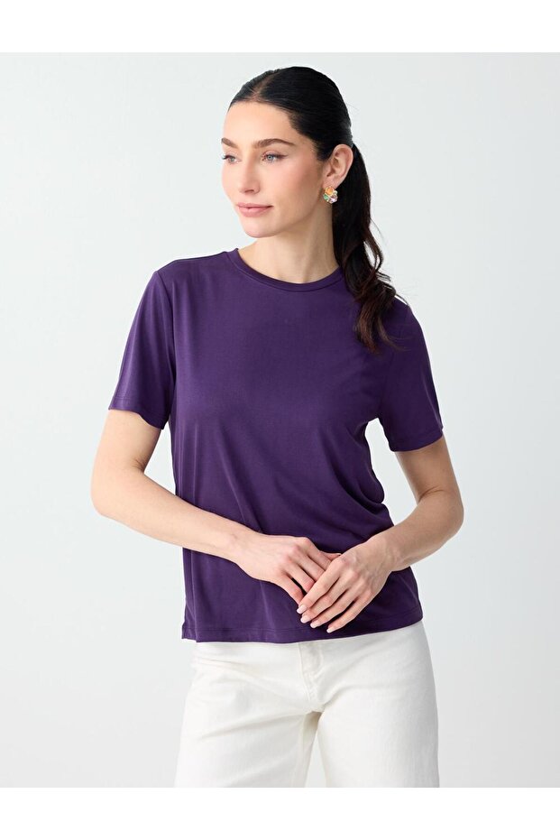 Purple Short Sleeve Crew Neck Modal Knitted T-Shirt