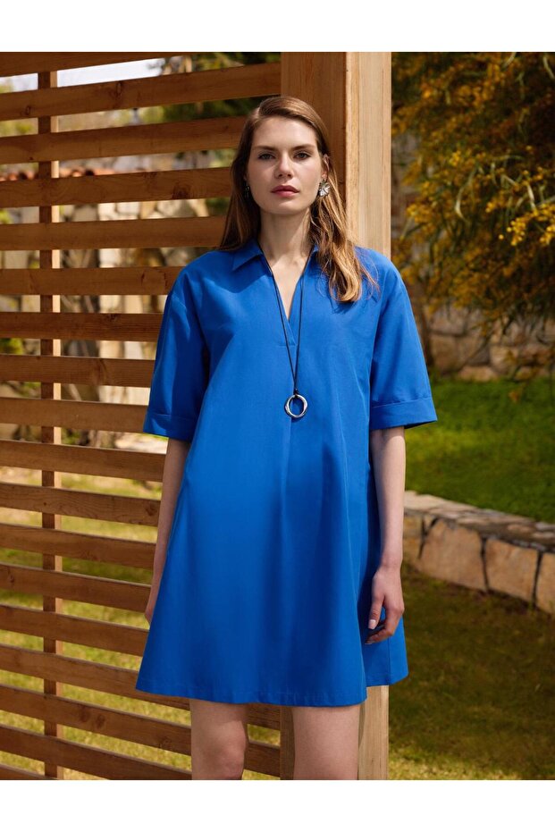 Navy Blue Relaxed Cut Shirt Collar Elbow Sleeve Woven Mini Dress