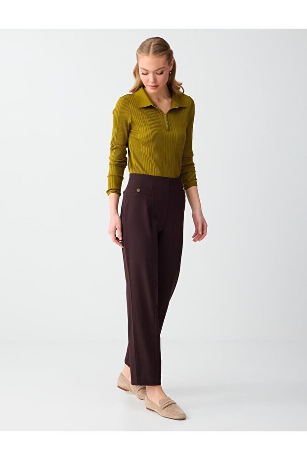 Acı Kahve High Waist Button Detailed Woven Pants