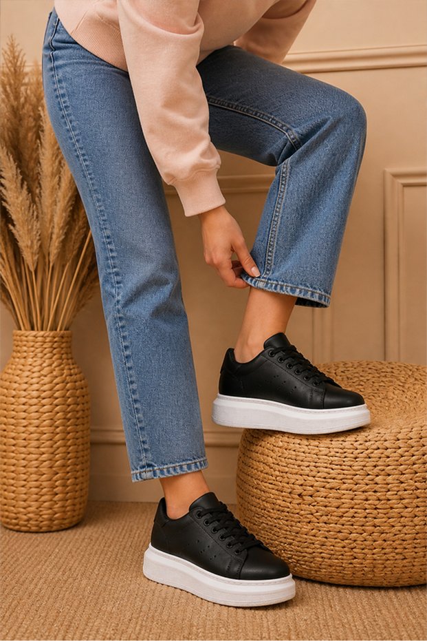 Stitch-Seamed Daily Sneakers Thick-Soled Unisex Orthopedic Women's Men's Athletic Shoes Lace-Up White-Black