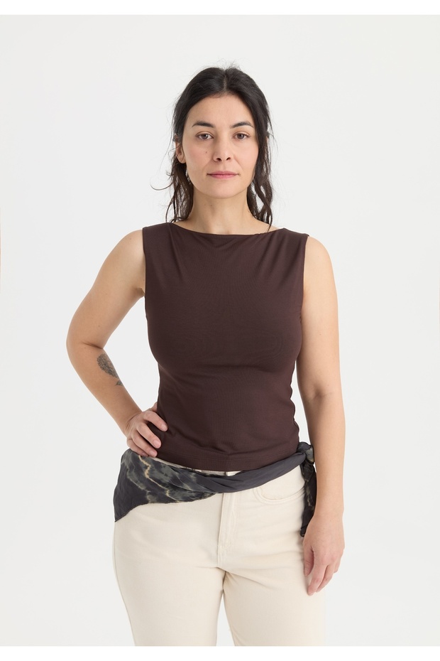 Women's Brown Ecovero ™ Viscose Sleeveless Boat Neck Blouse
