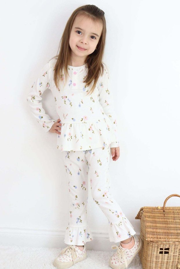 Girl's Tights Set with Floral Pattern and Ruffle Detail at the Leg, 3-7 Years, White