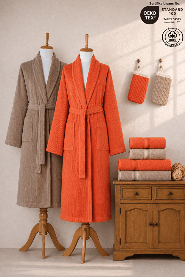 Eldy 8 Piece Striped Bathrobe Family Set 100% Cotton Certified Bathrobe Set Dowry Set -Orange Beige