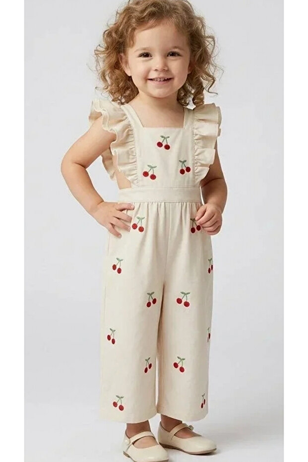Girl's Cherry Patterned Linen Jumpsuit with Back Detail