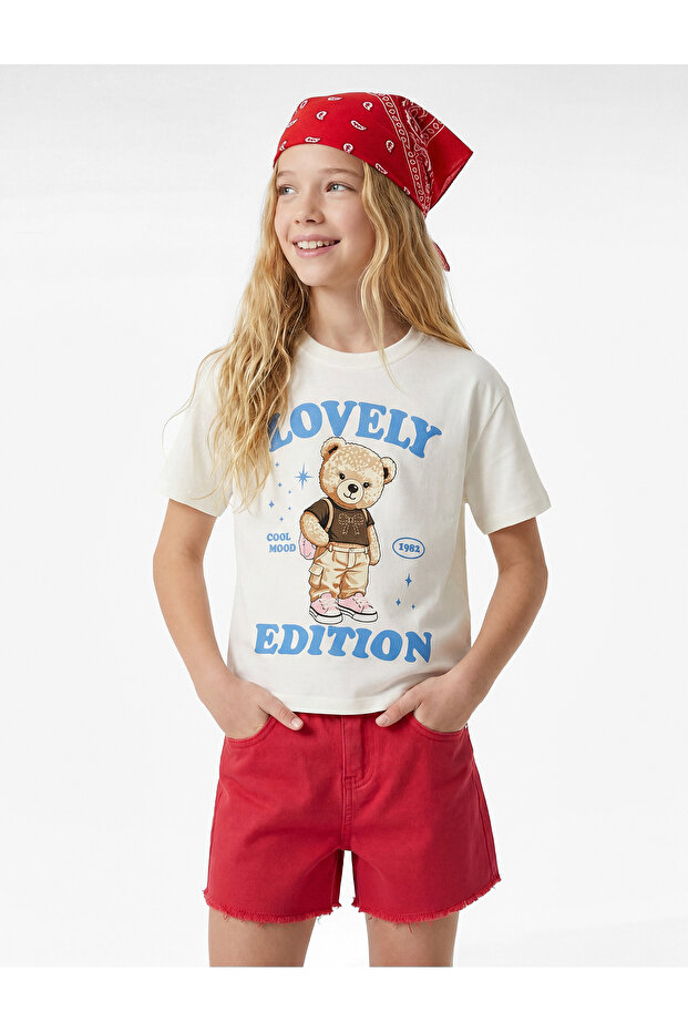 Teddy Bear Printed Ecru Girl's T-Shirt 6Skg10410Ak