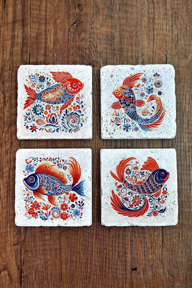 Natural Stone Coasters Set of 4 10X10X1 cm Colorful Fish Patterns -Stone Coasters