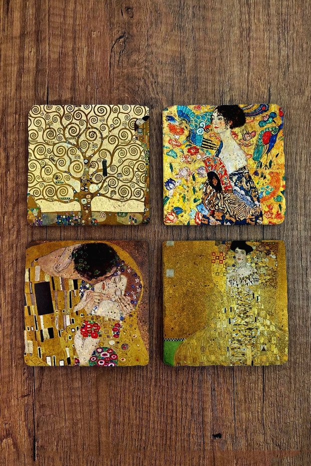 Natural Stone Coasters Set of 4 10x10x1 cm Gustav Klimt Painting Works-Stone Coasters