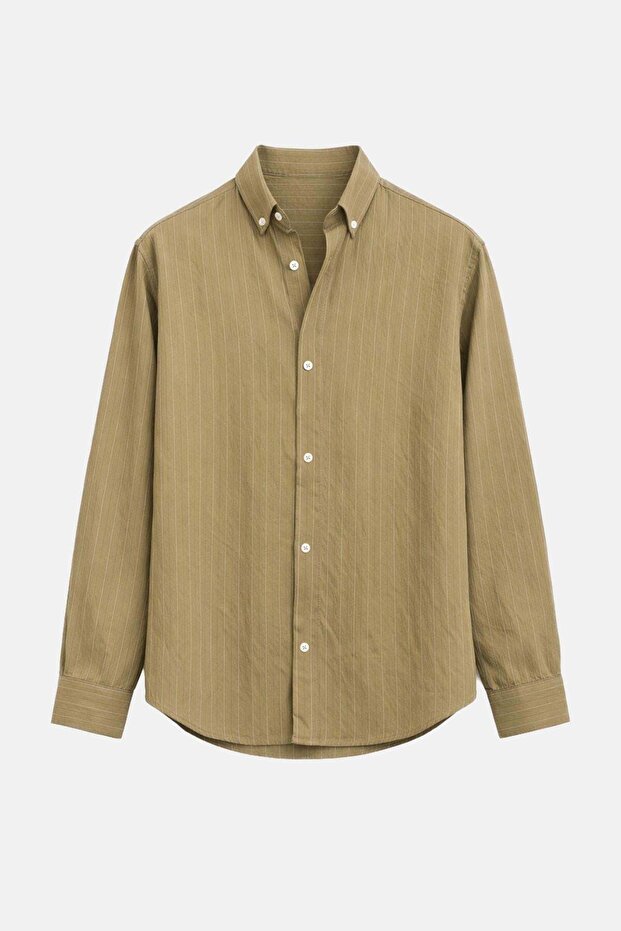 Striped Muslin Fabric Oversize Shirt Khaki