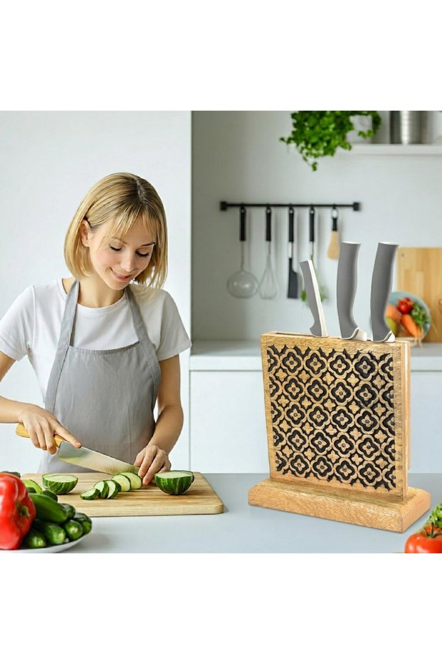Knife Block – Wooden Knife Holder Countertop | Hand-Carved Knife Stand for Kitchen | Non Magnetic Knife Organizer Mango Wood | Universal Knife Storage | Black Carved Finish 1 Pc