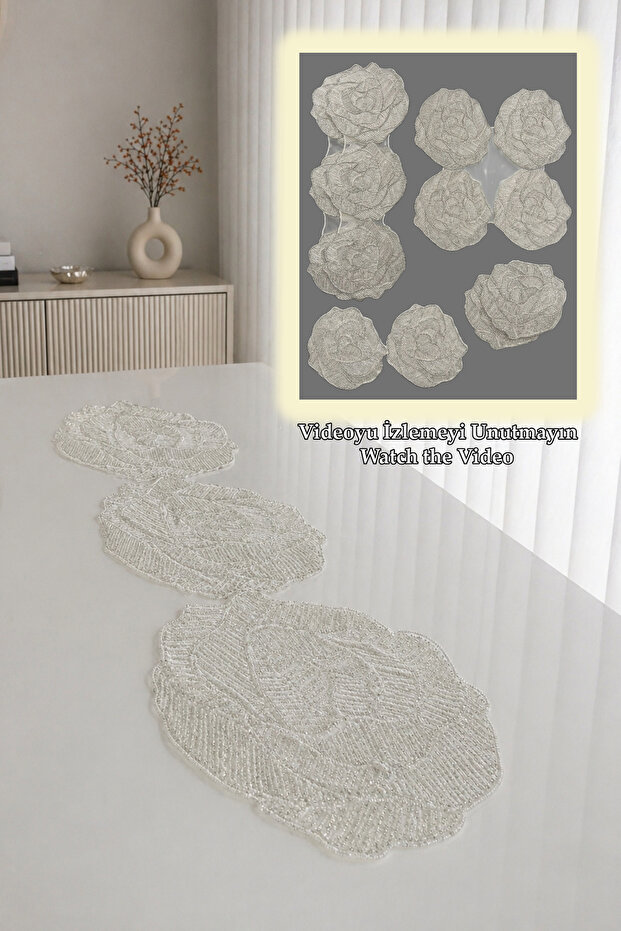Flora Luxury Runner Living Room Coffee Table Cover Set French Laced Dowry Set Lace Rose Patterned 6 Pieces