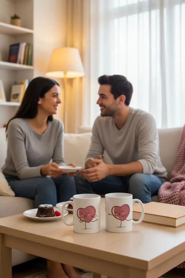 طقم أكواب لطيف مكون من قطعتين على شكل قلب - فنجان قهوة وشاي من السيراميك المتين سعة 330 مل