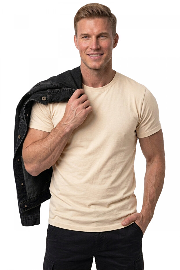 Men's Cream Slim Fit 90% Cotton Lycra Soft Textured Basic T-Shirt 1801131