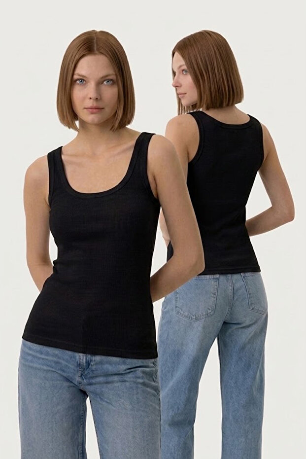 Women's Corded Fabric Look Thick Strap Basic Black Blouse Undershirt