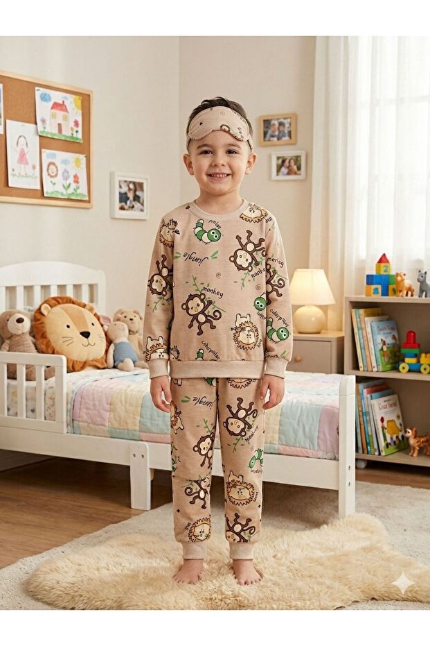 Boy's Cotton Piece Beige Safari Patterned Long Sleeve Pajama Set with Glasses and Band Transitional