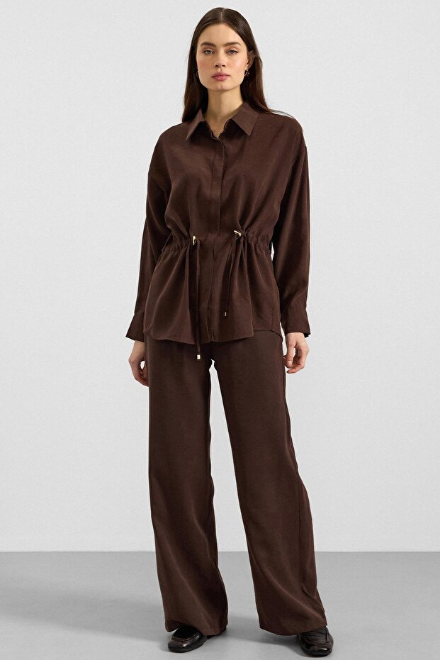 Waist Gathered Casual Model Shirt Brown 9413