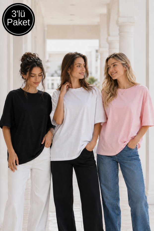 Women's 3-Piece Oversize T-Shirt Set Black White Pink – Crew Neck, Comfortable Fit, 100% Cotton