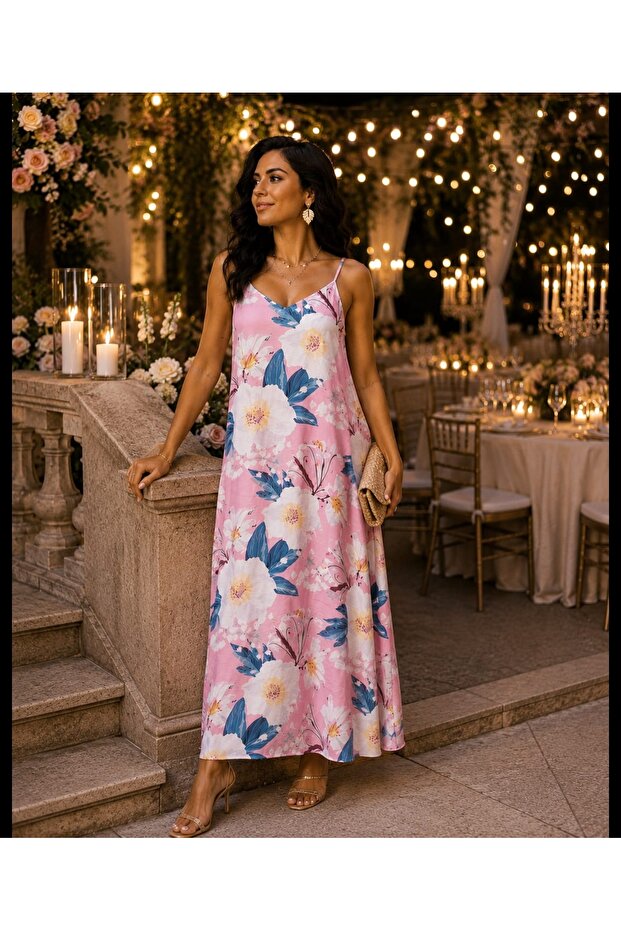 Rochie lungă și drapată, căptușită cu modele florale - 1