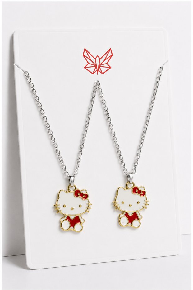 Set of 2 Cute Cat Figurine Necklaces with Pink and Purple Details, Suitable for Young Girls and Children