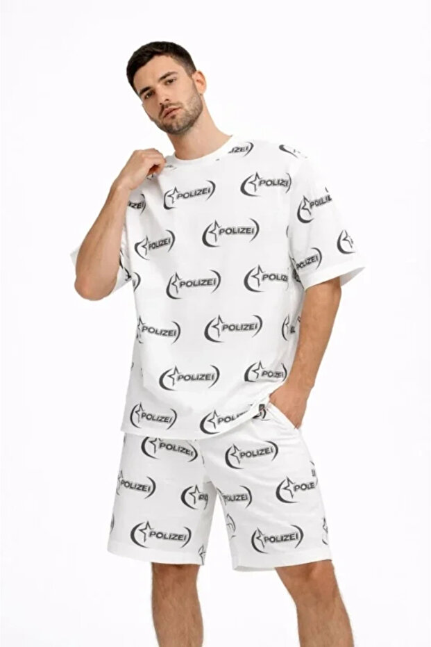 Men's Oversized Front and Back Printed T-Shirt Shorts Set Comfortable Fit Summer Casual Combination - White