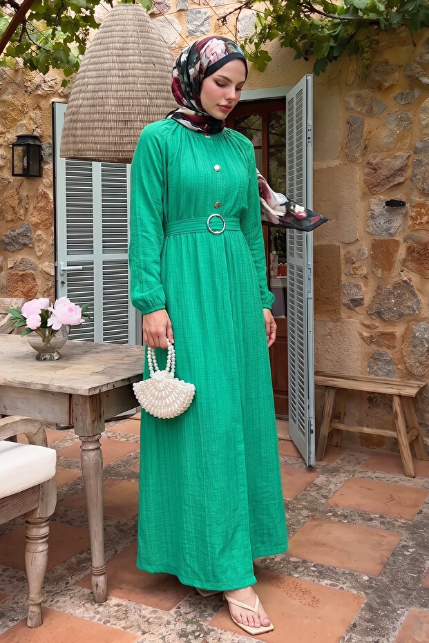 Emilya Hidden Placket Button Detail Dress - Green