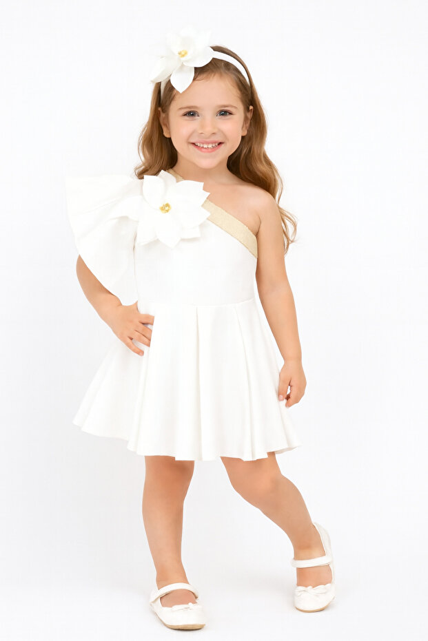 Girls' Floral White One-Shoulder Dress