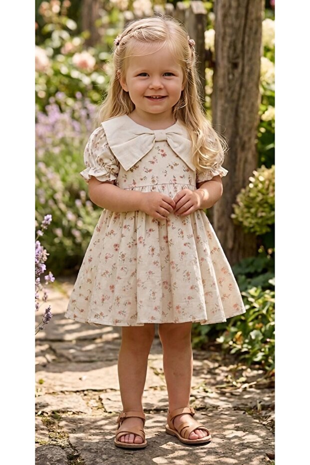 Girl's Floral Pattern Bow Collar Tulle Lined Summer Linen Dress