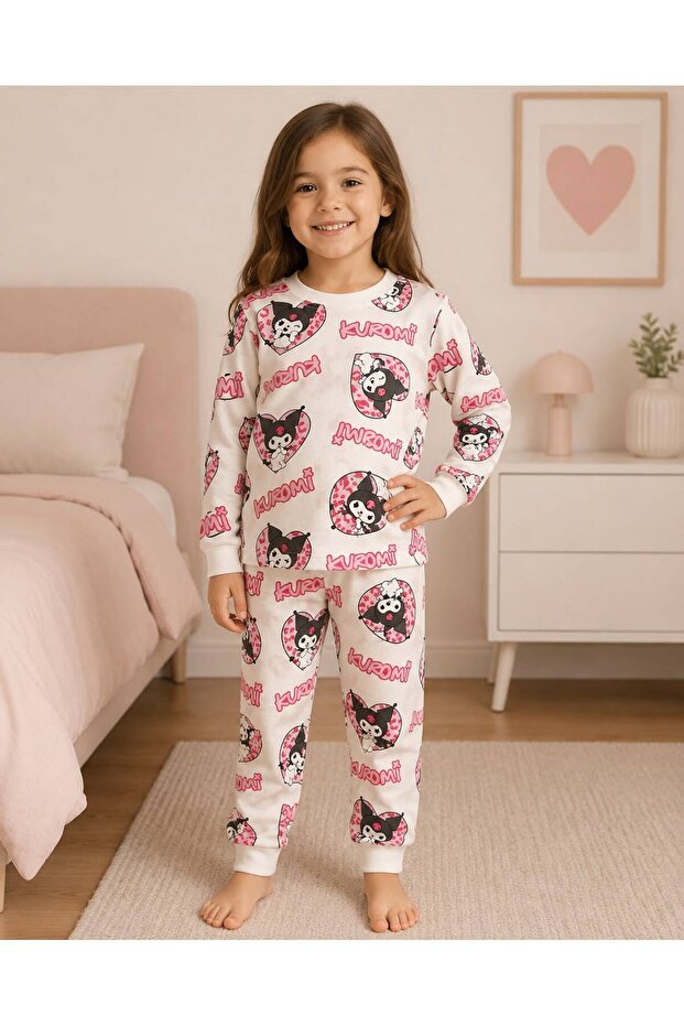 Girls' Cotton Fabric White Leopard Heart Pattern Long Sleeve Winter Pajamas Set