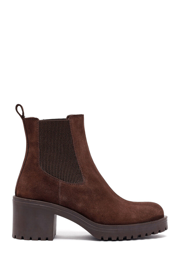 Women's Brown Thick Heeled Suede Leather Chelsea Boots 25Wfd132410