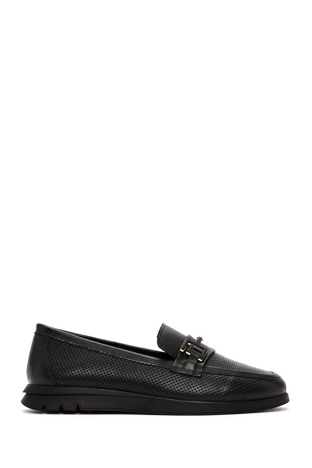 Women's Black Buckle Leather Shoes, Comfort Loafer 26Pfd150318