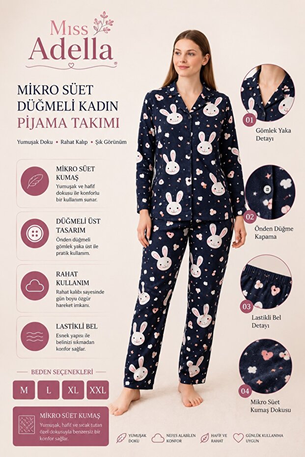 Women's Buttoned High Collar Pajama Set Rabbit Patterned Black Color 4 Season Tracksuit Set