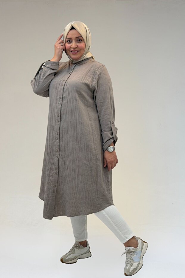 58092 Plus Size Double Button Detailed Muslin Shirt - Mink