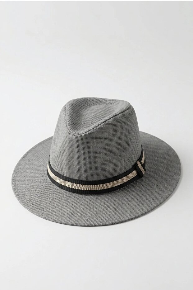 Panama Straw Hat Summer Men's Classic Style | Gray Striped Fedora Cut