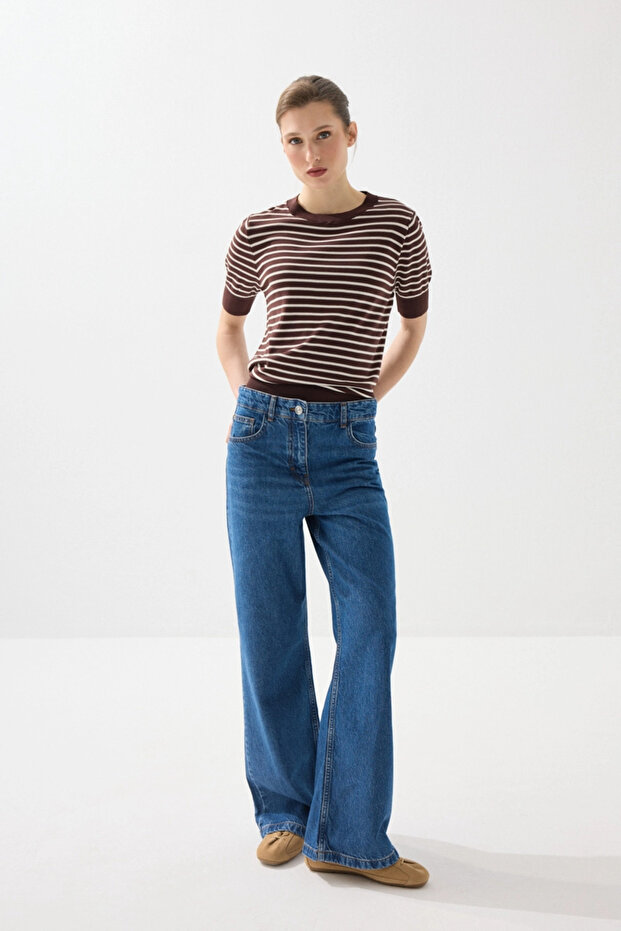 Wide Leg High Waist Denim Trousers - Navy Blue