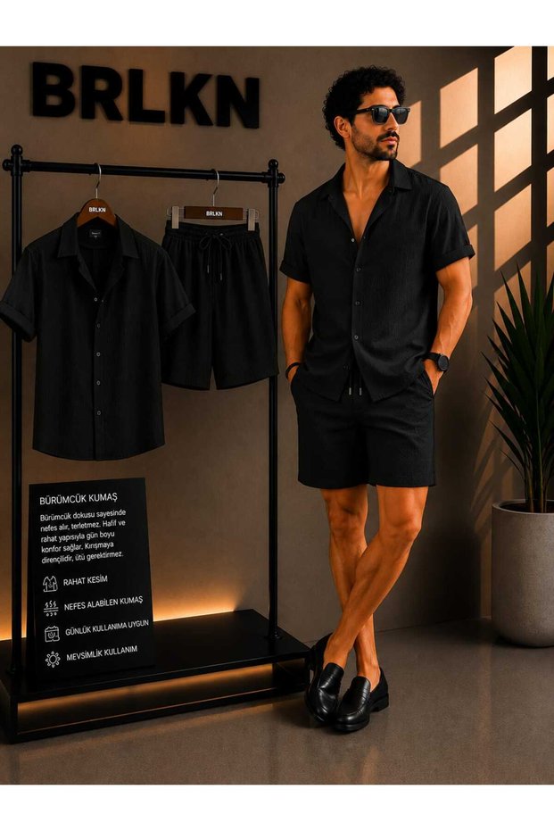 Boyfriend Fit Waffle Fabric Alaçatı Style Unisex Wrinkled Short Sleeve Shirt Shorts Set