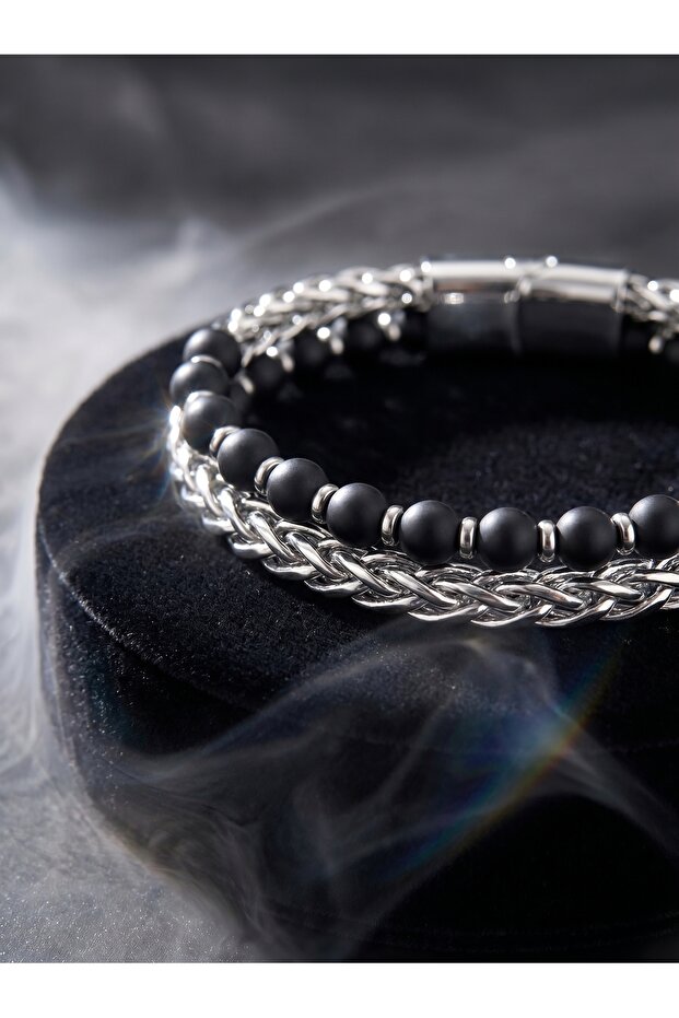 Men's Bracelet Matte Onyx and Silver Color Hematite Steel Chain Premium01832