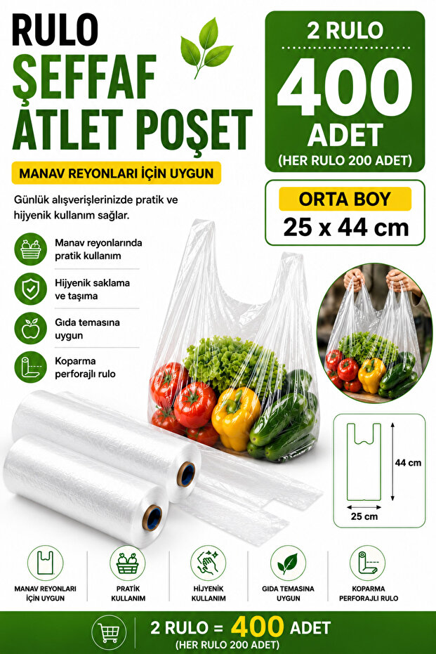 Roll Transparent Athlete Market Bag Medium Size – 25X44 Cm, 200 Pieces (2 Rolls), Greengrocer and Grocery Bag