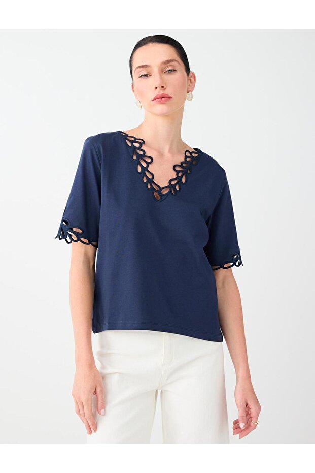 Navy Blue 100% Cotton V-Neck Blouse with Embroidery Detail