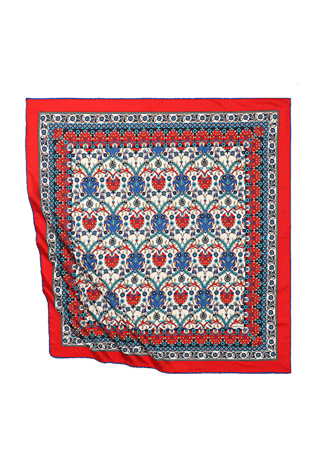 Red Tile Tulip Pattern Silky Scarf - 1
