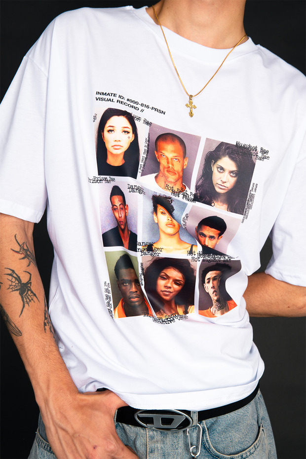 White Mugshot Printed Oversize Unisex T-Shirt