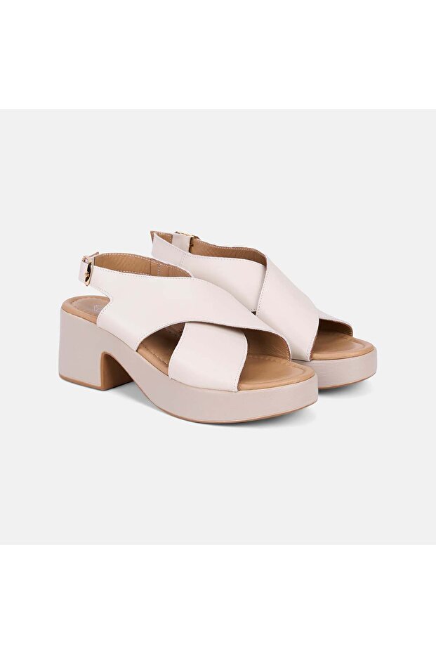 Women's Cream Cross-Strapped Thick Heeled Leather Sandals