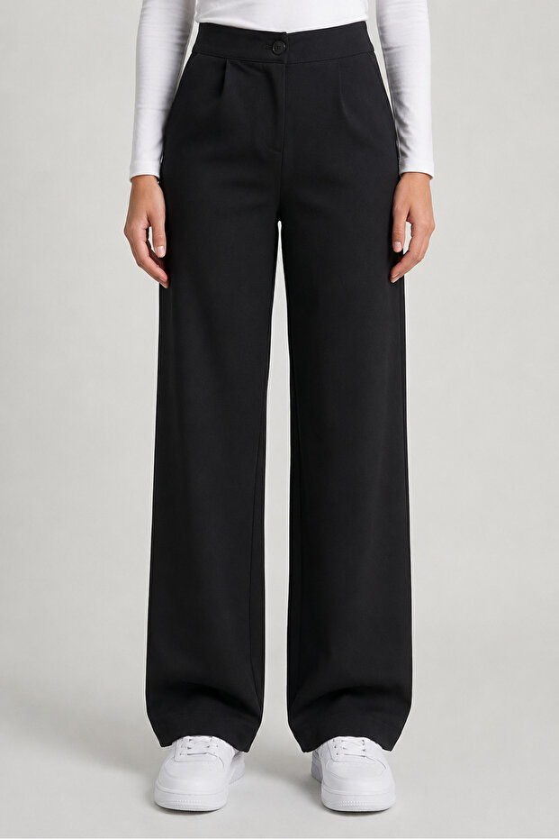 Black High Waist Pocketed Buttoned Lycra Women's Palazzo Trousers