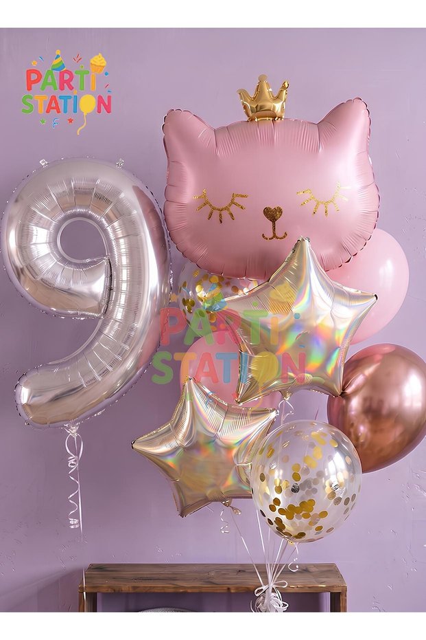 Pink Cat 9 Year Old Balloon Set Star Balloon Foil Set Pink Cat Concept Birthday Set Age Balloon Set