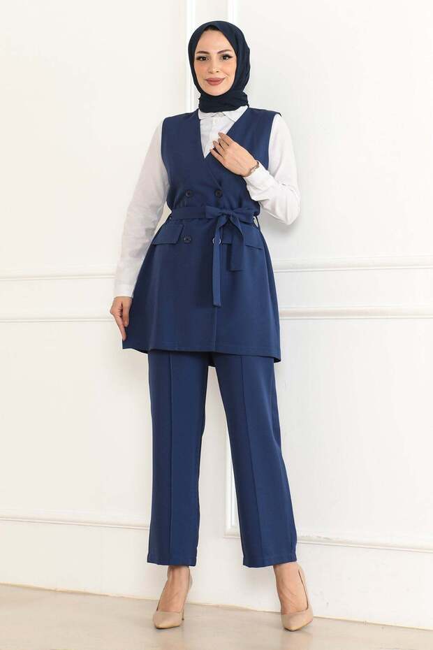 Belt Detailed Double Suit Indigo 19232