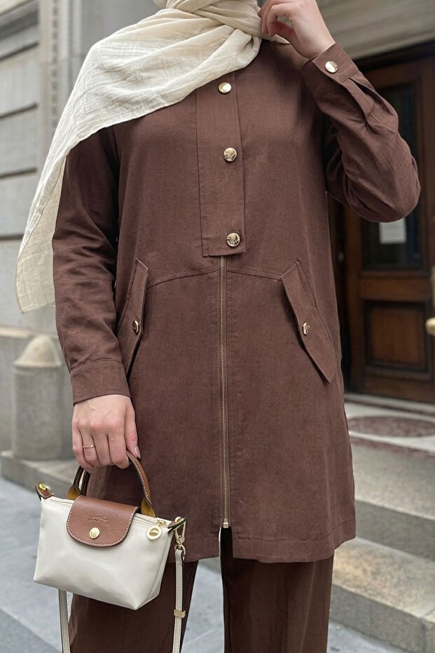 Buttoned Detail Jacketed Brown Suit - 3